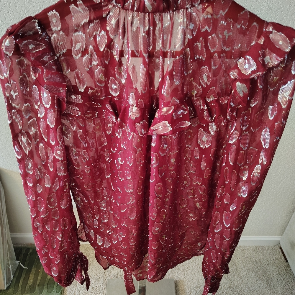 Veronica Beard Women's Brooks Burgundy Metallic Print Silk Blouse- Size 2 Small - Picture 3 of 7
